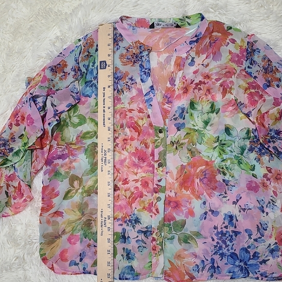 ZARA Women's Floral Chiffon Blouse - Pink and Green - Size Large - Picture 7 of 15